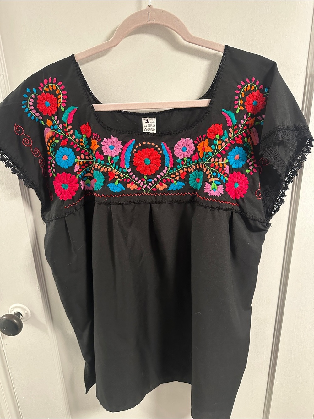 MEXICAN Black Cotton Blouse with Bright Multicolor Floral Embroidery